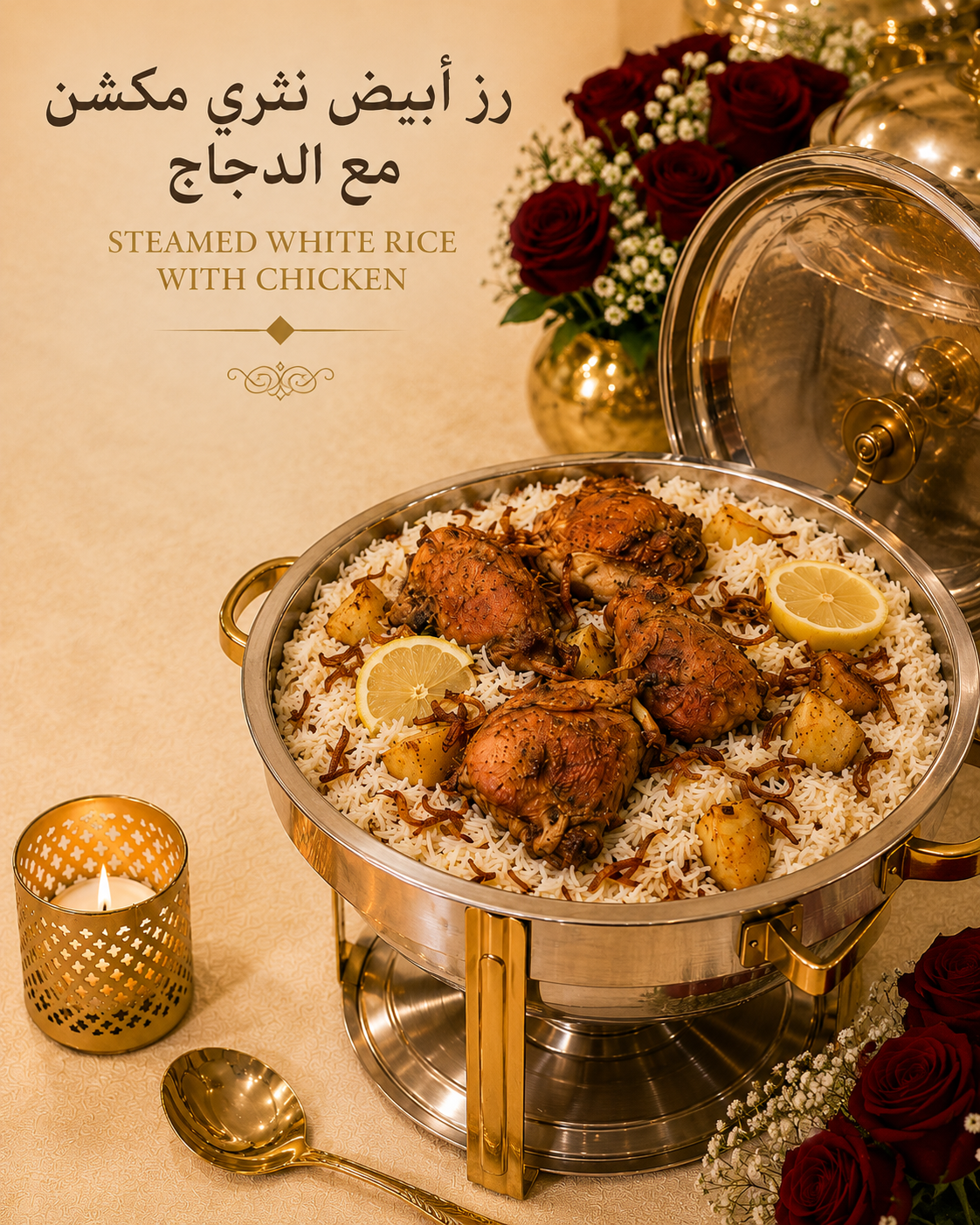 رز ابيض نثري مكشن مع الدجاج